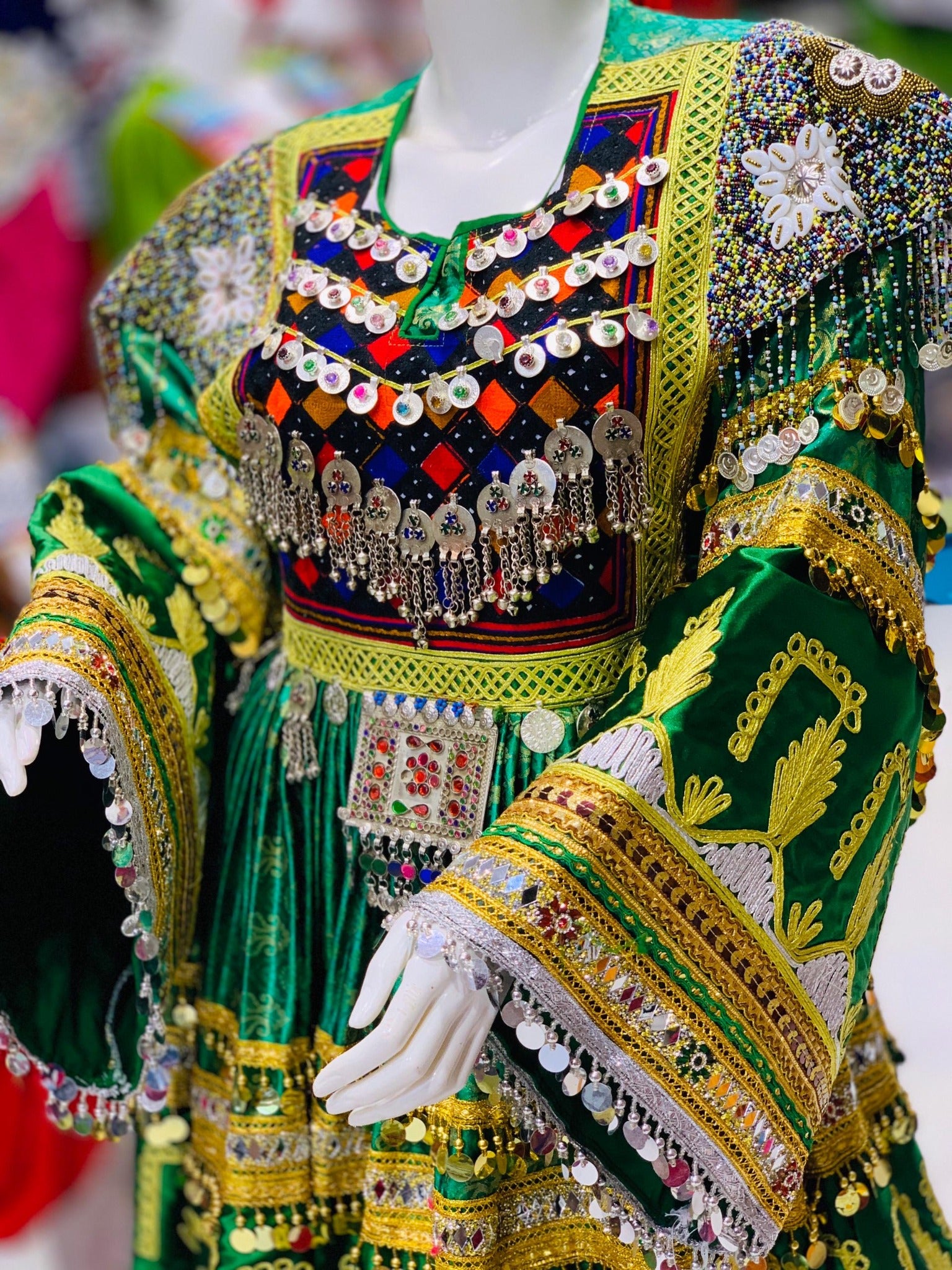 Royal Emerald Afghan Kuchi Dress with Mirrorwork