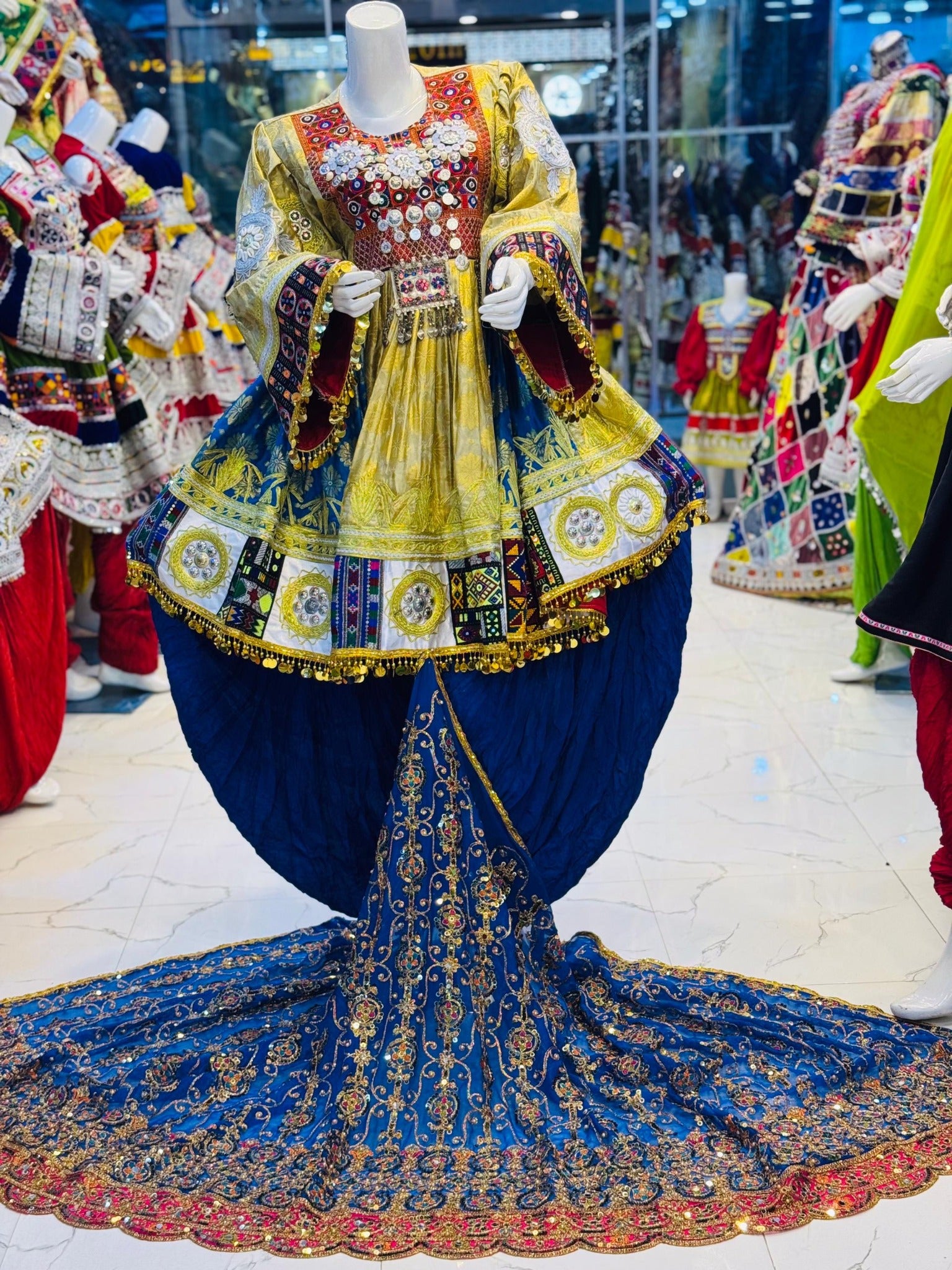 Saffron & Navy Princess Afghan Kuchi Dress with Train