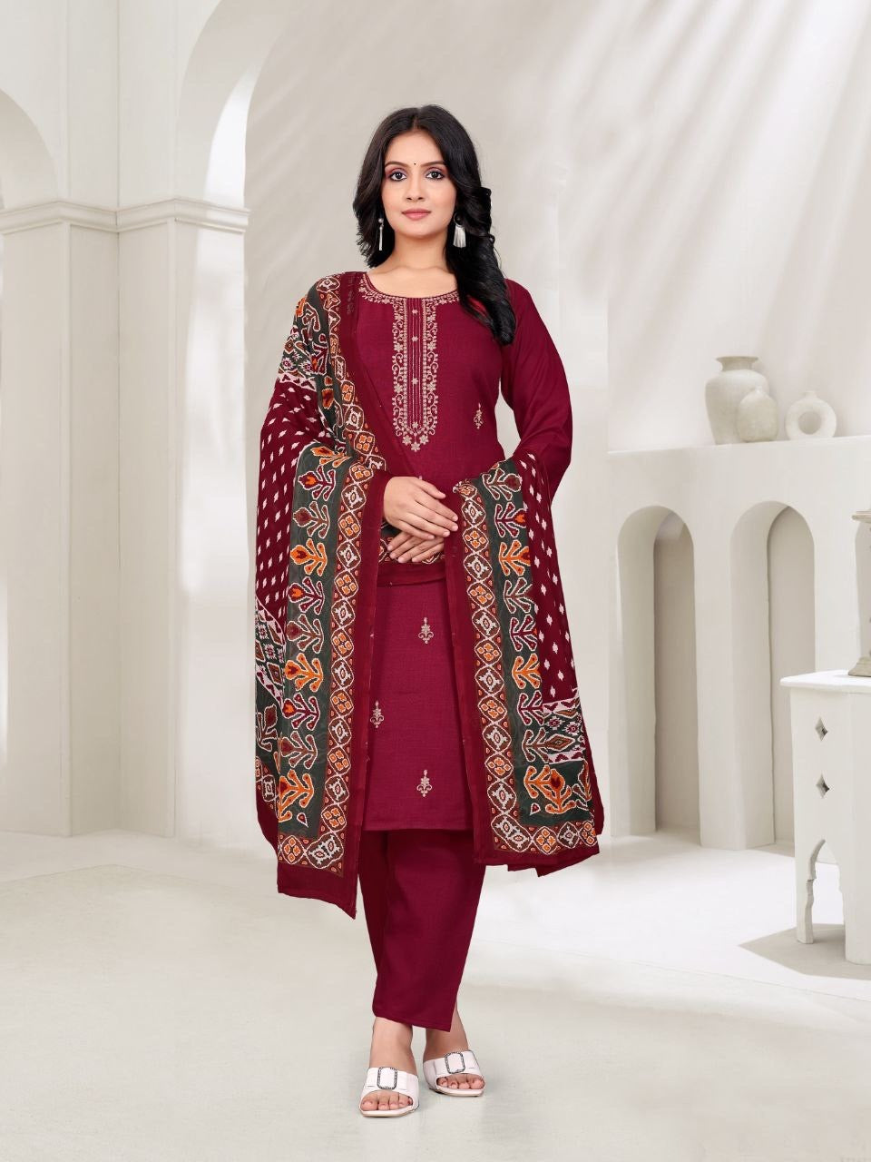 FANCY COTTON BLEND EMBROIDERY WORK TOP BOTTOM WITH DUPATTA MAROON