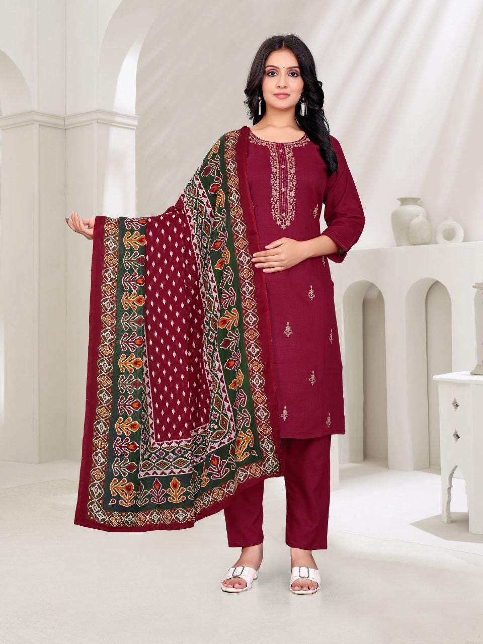 FANCY COTTON BLEND EMBROIDERY WORK TOP BOTTOM WITH DUPATTA MAROON