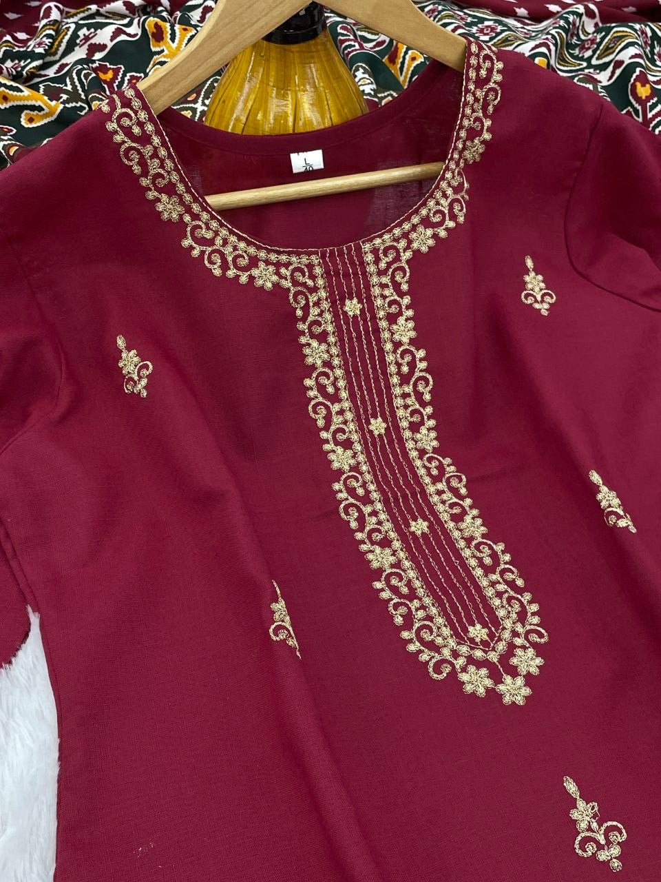 FANCY COTTON BLEND EMBROIDERY WORK TOP BOTTOM WITH DUPATTA MAROON