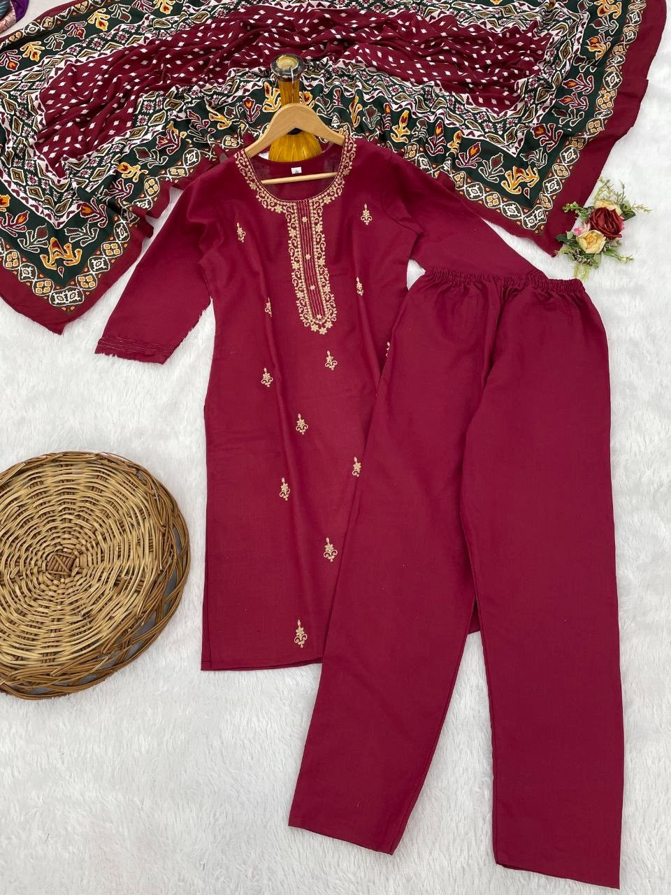 FANCY COTTON BLEND EMBROIDERY WORK TOP BOTTOM WITH DUPATTA MAROON