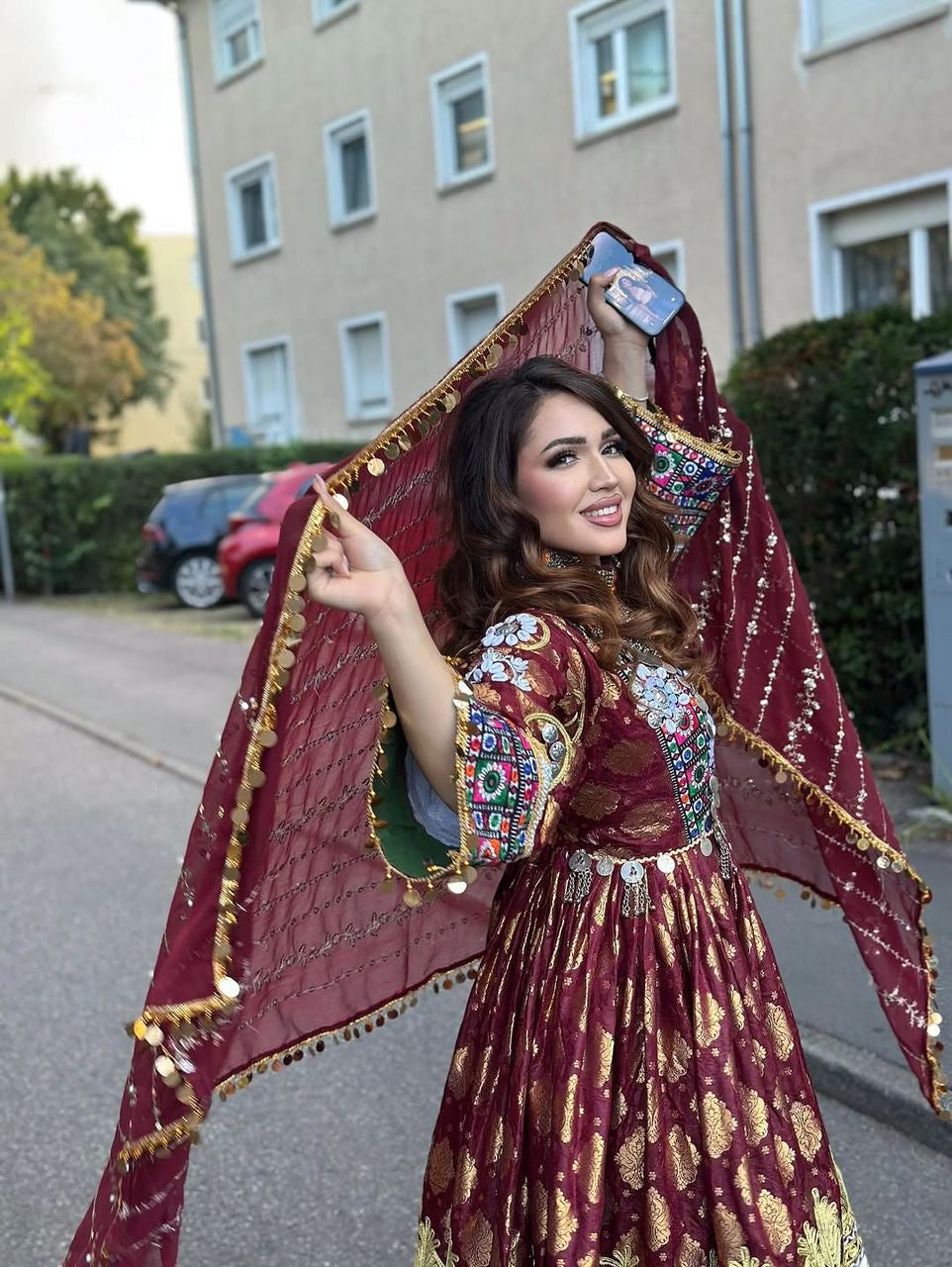Gilded Maroon Afghan Kuchi Ensemble