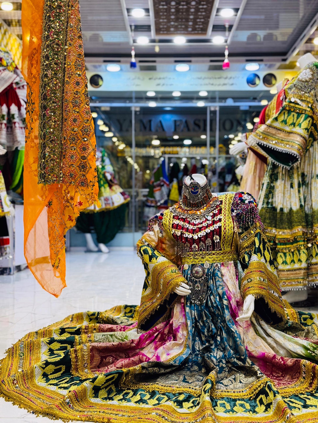 Royal Court Multicolor Afghan Kuchi Dress with Train