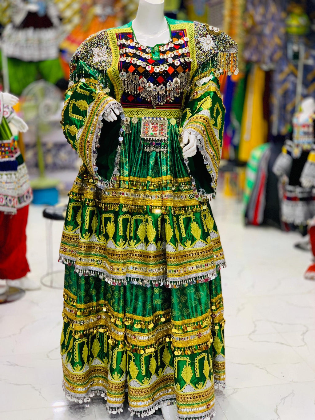 Royal Emerald Afghan Kuchi Dress with Mirrorwork