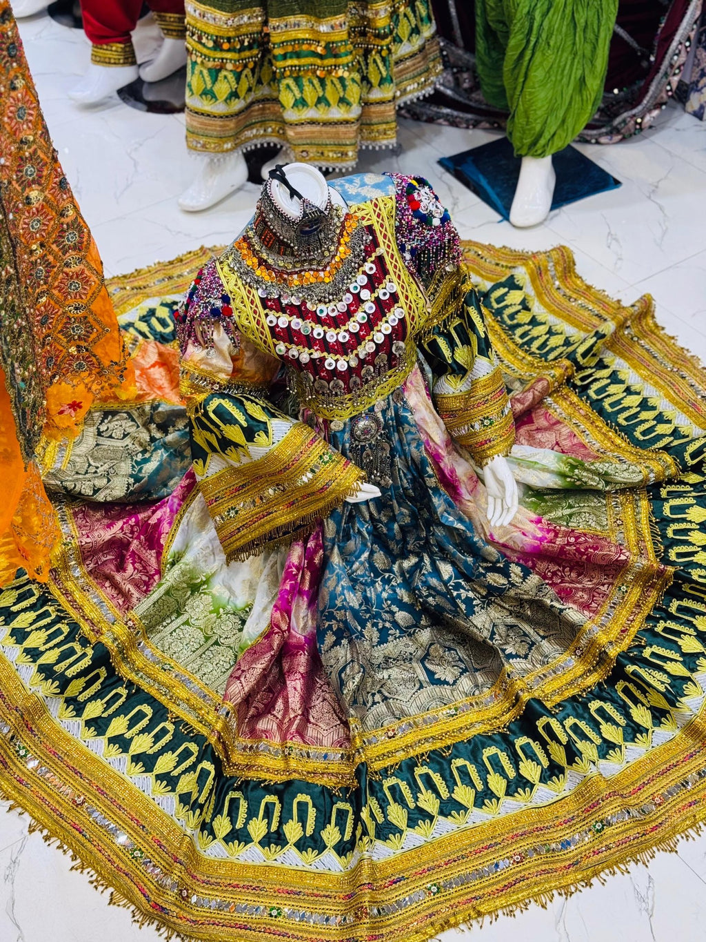 Royal Court Multicolor Afghan Kuchi Dress with Train