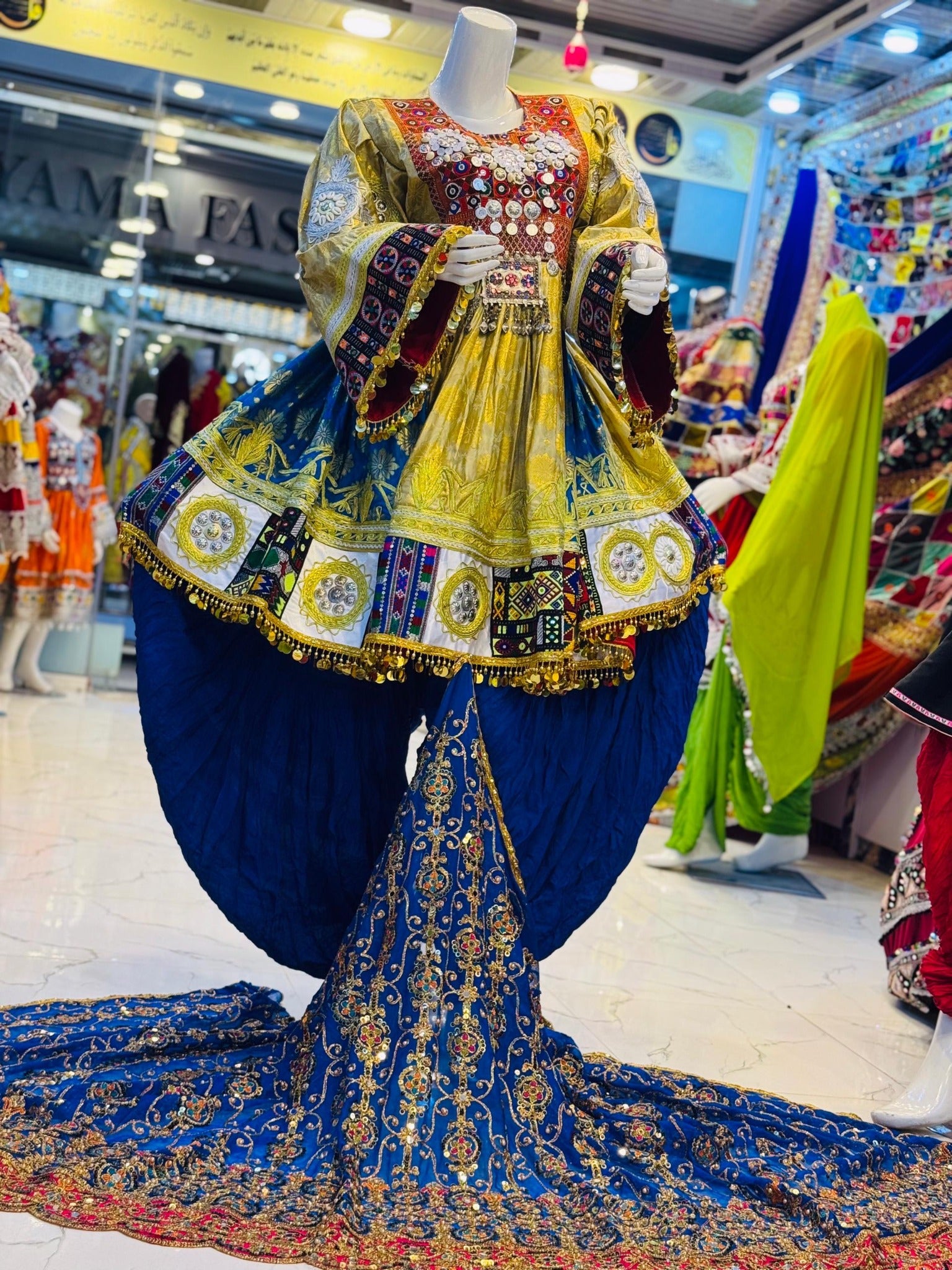 Saffron & Navy Princess Afghan Kuchi Dress with Train