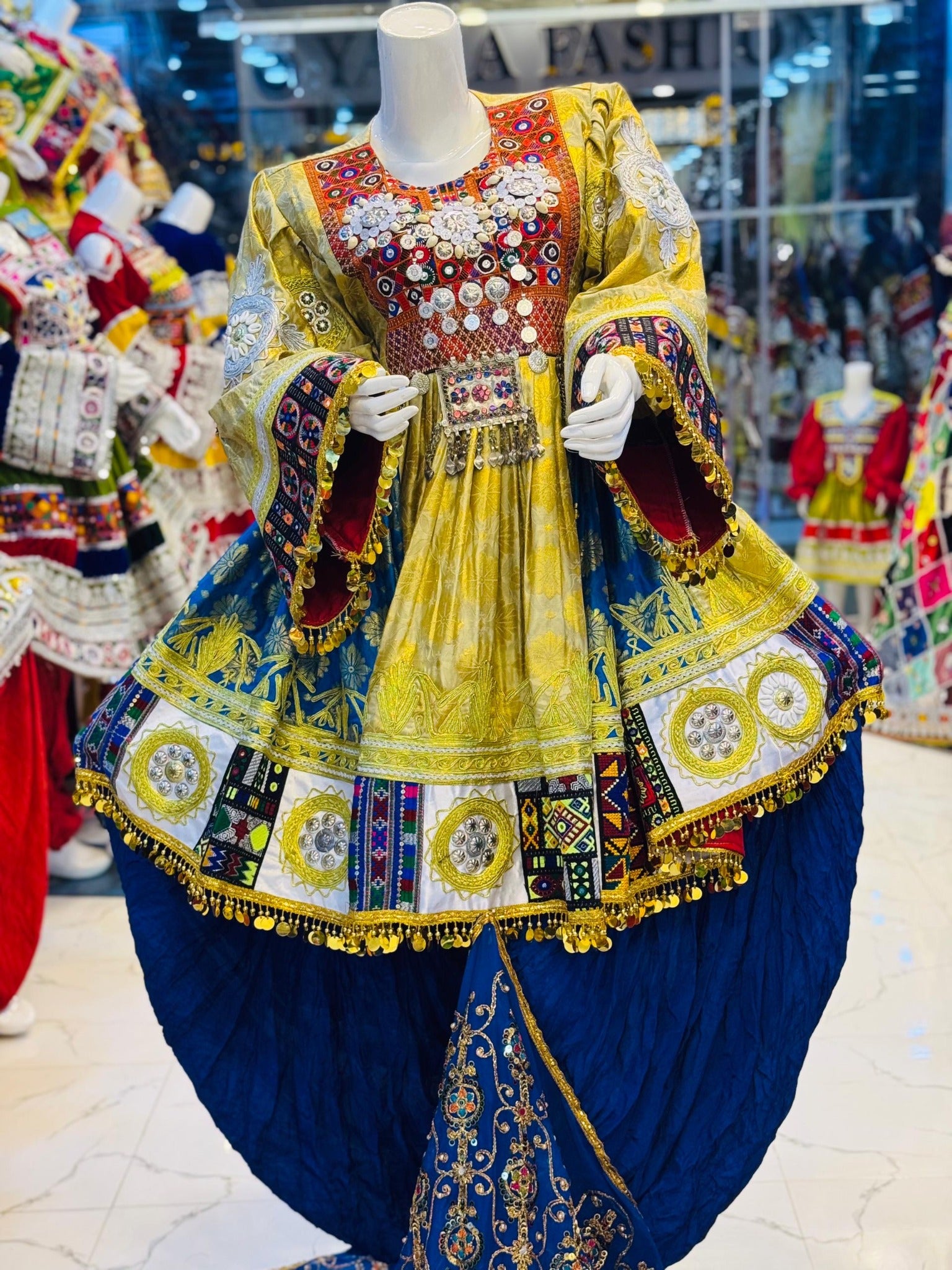 Saffron & Navy Princess Afghan Kuchi Dress with Train