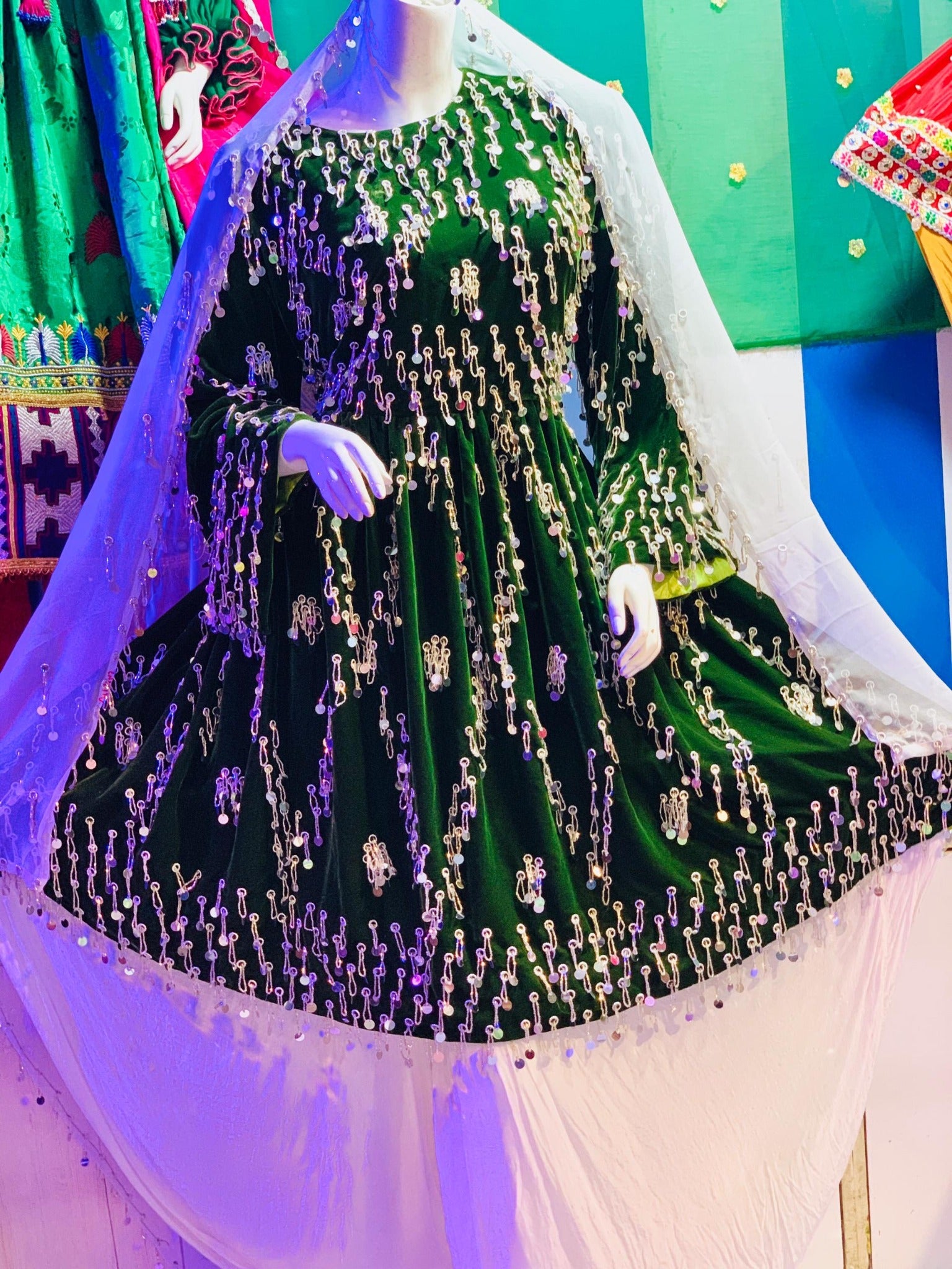 Velvet Emerald Afghan Kuchi Dress with Sequin Accents